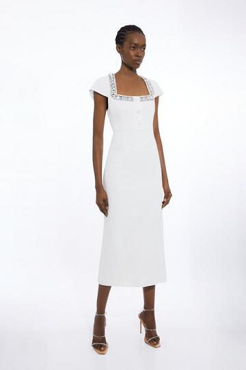 Ivory White Tailored Embellished Sqaure Neck Midi Dress