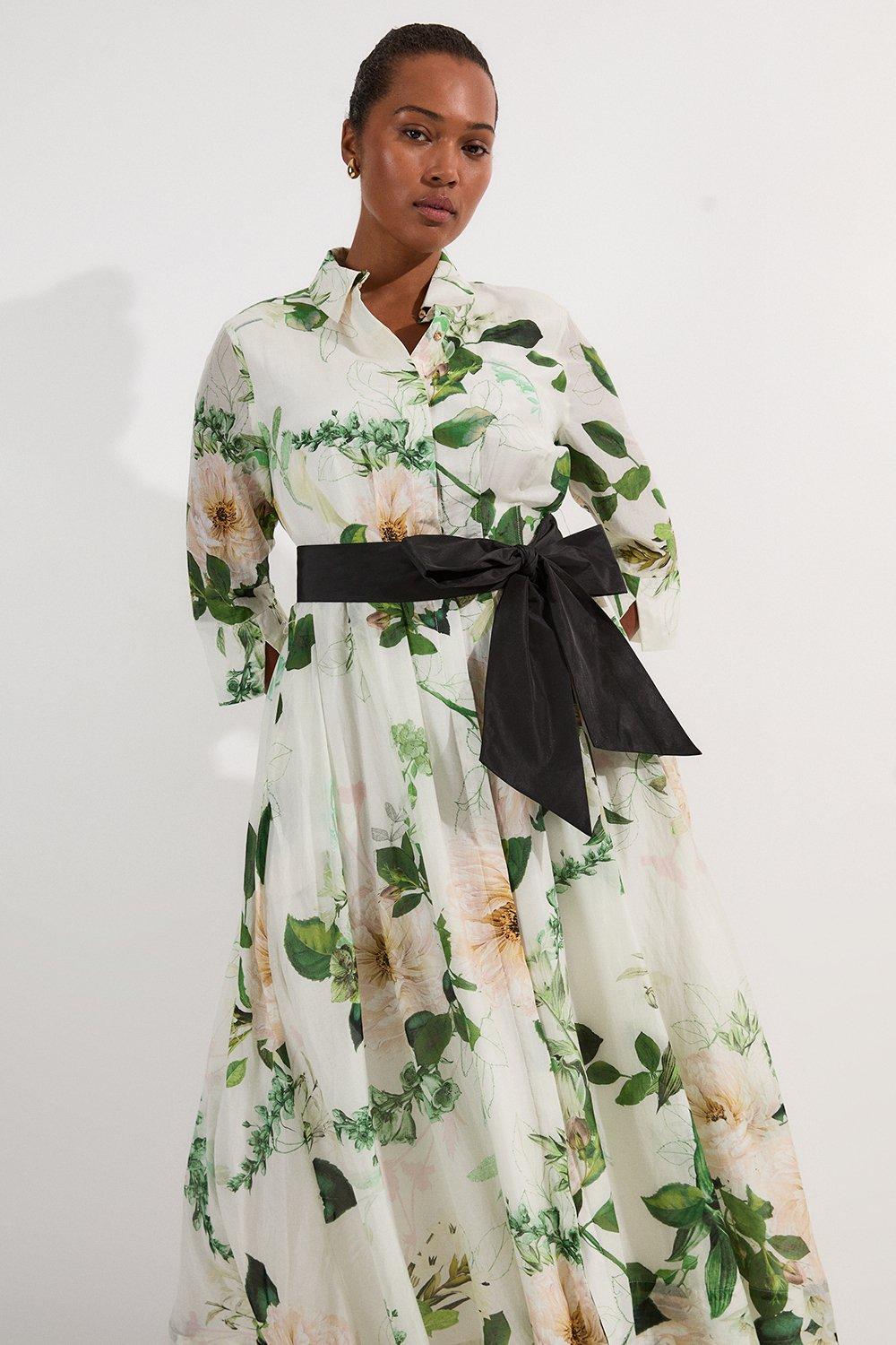 Lydia Millen Plus Size Floral Silk Cotton Woven Shirt Dress - White