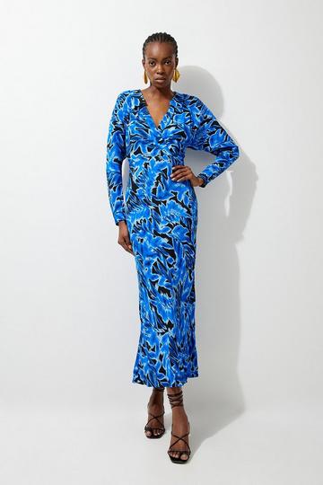 Blue Leaf Printed Woven Viscose Collared Midaxi Dress blue