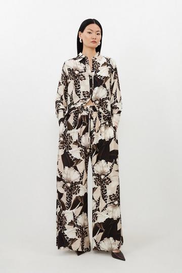Ecru Floral Printed Woven Viscose Wide Leg Trousers floral