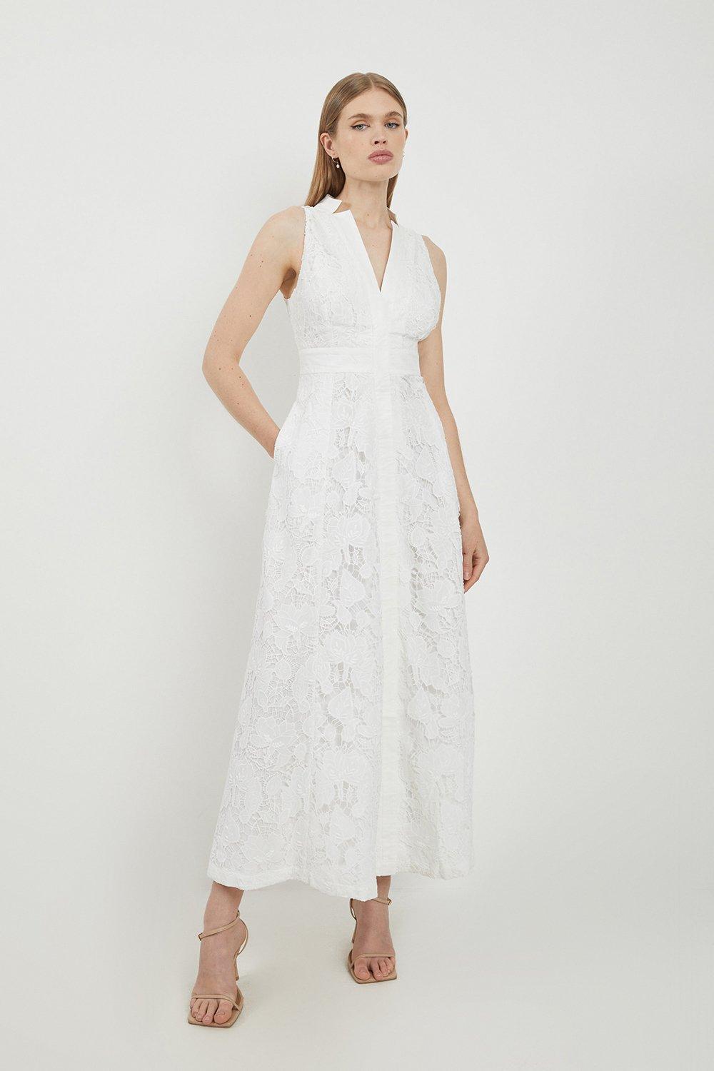 Lydia Millen Tall Lace With Cotton Sateen Woven Halter Dress - Ivory