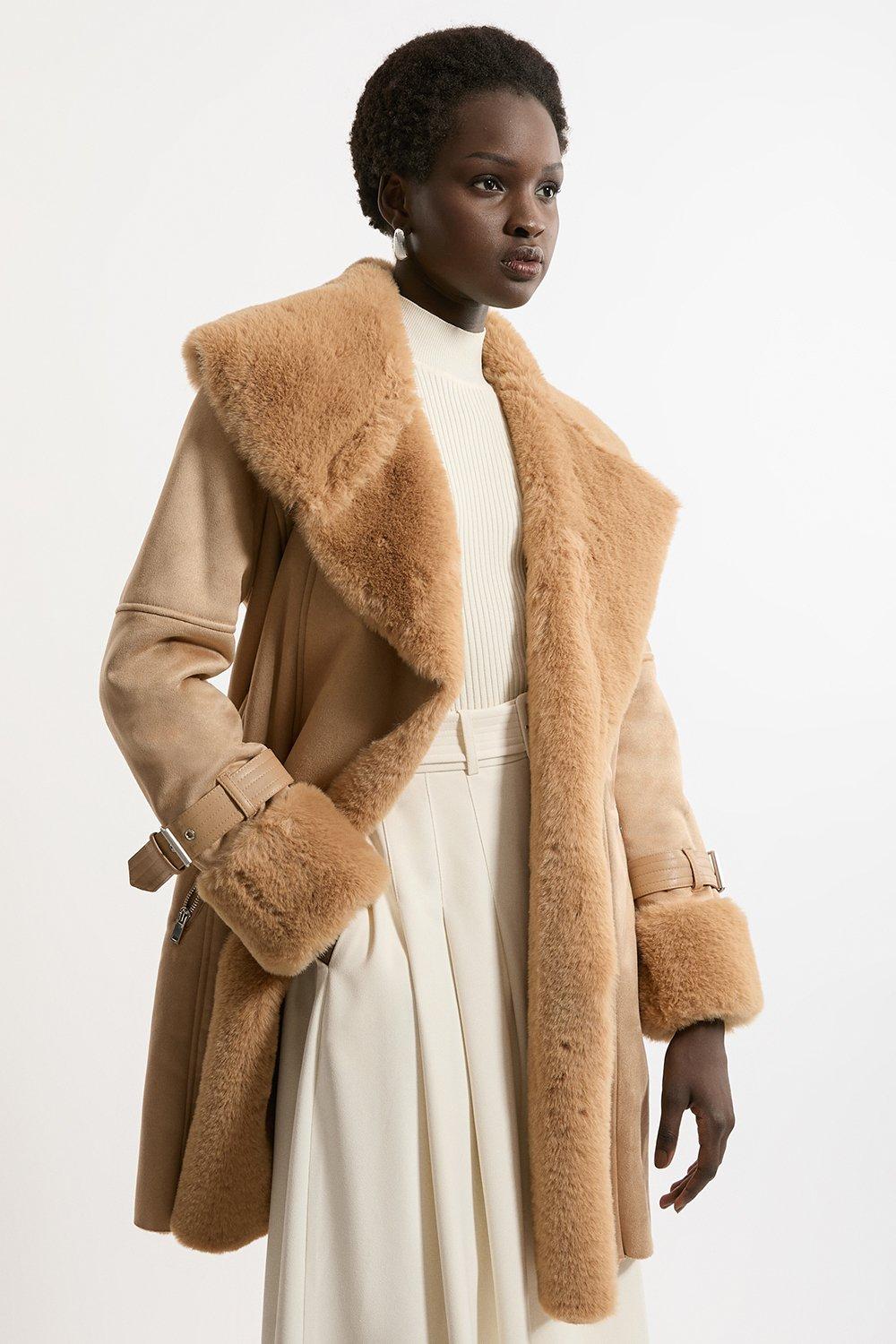 Tall Faux Shearling Collar & Cuff Belted Short Coat - Camel