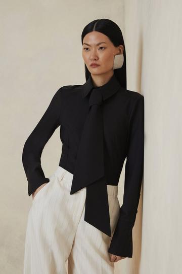 Black Petite The Founder Tailored Wool Blend Tie Detail Shirt
