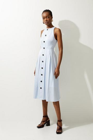 Blue Premium Tailored Linen Button Through Full Skirted Maxi Dress