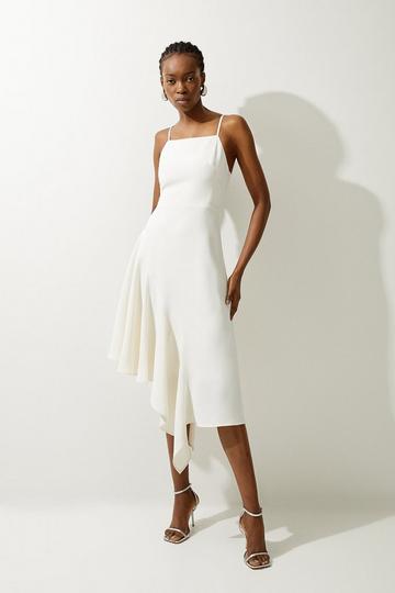 Soft Tailored Draped Asymmetric Skirt Midi Dress ivory