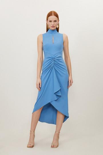 Petite Soft Tailored Ruched Front High Neck Midi Dress mid blue