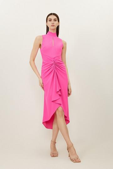 Soft Tailored Ruched Front High Neck Midi Dress pink