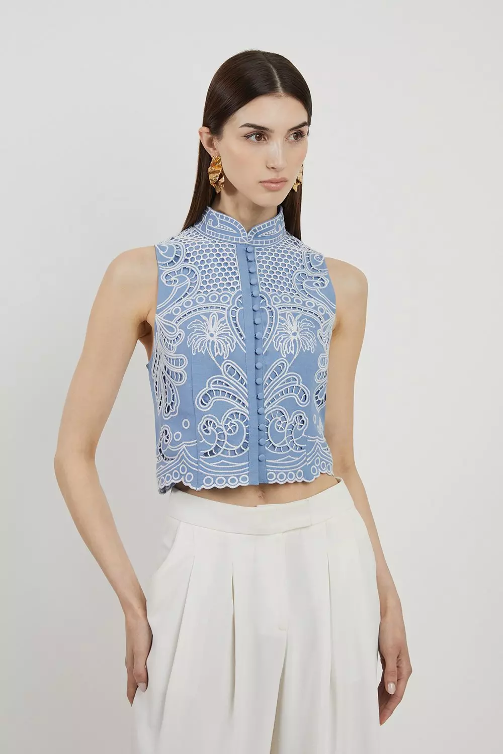 Linen Cutwork Detail Woven Top | Karen Millen