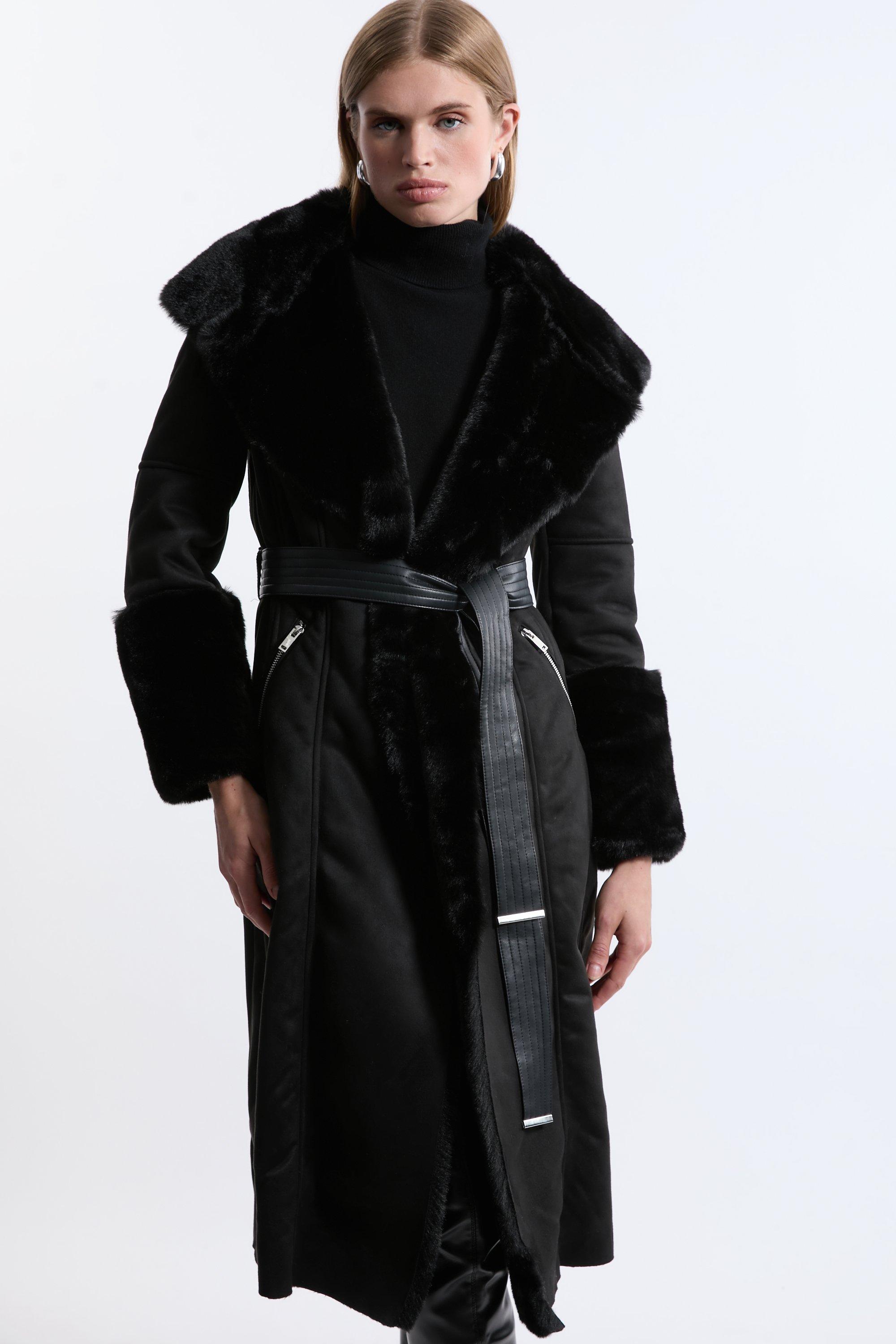 Faux Shearling Collar & Cuff Belted Midi Coat - Black