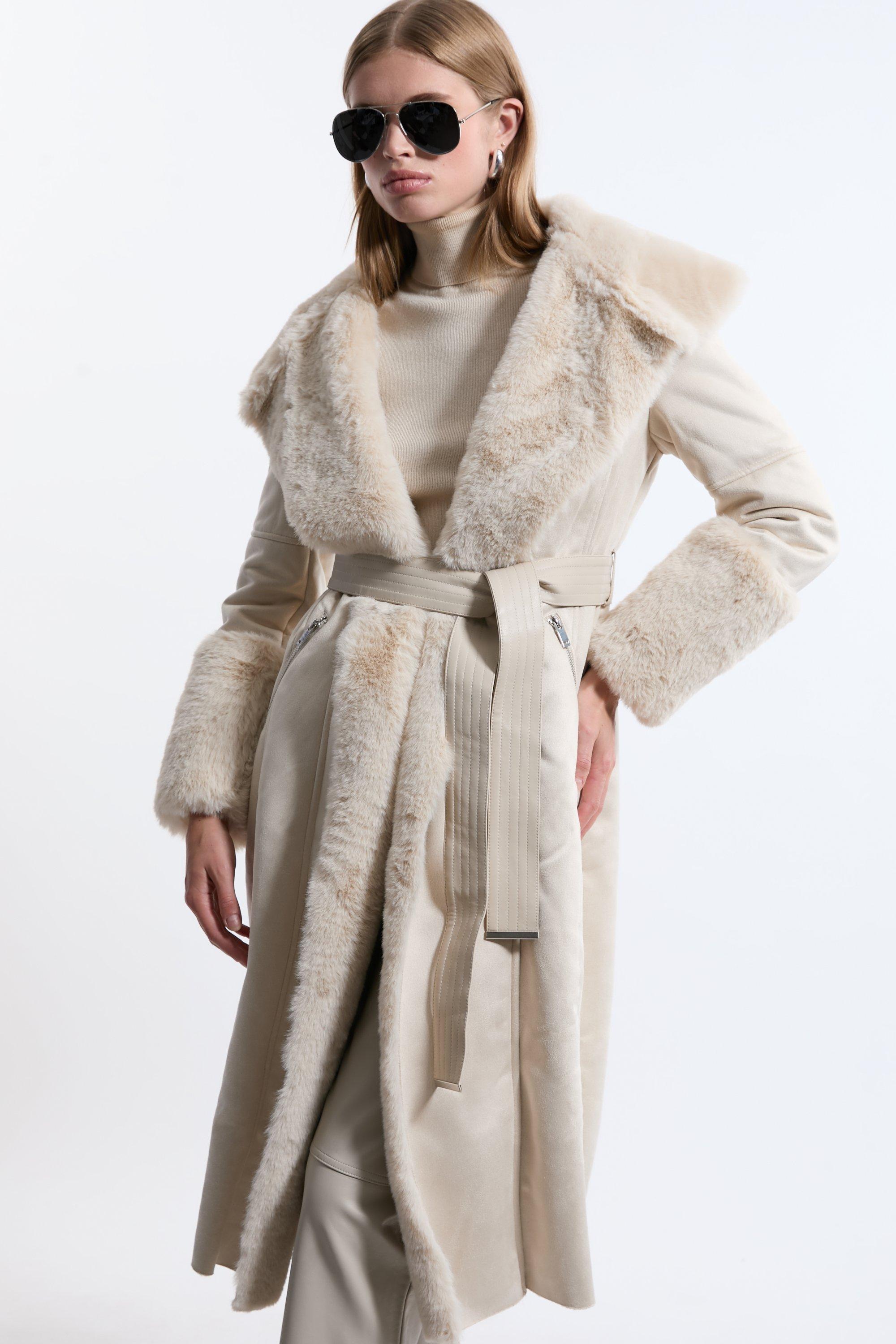 Faux Shearling Collar & Cuff Belted Midi Coat - Ivory