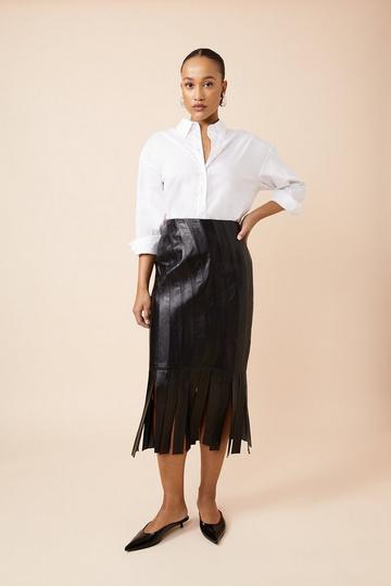 Black Leather Tassel Hem Pencil Skirt