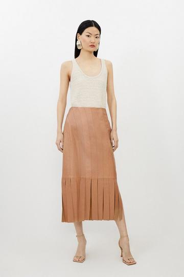Leather Tassel Hem Pencil Skirt tan