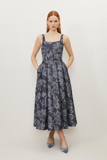 Blue Denim Jacquard Full Skirt Belted Midi Dress