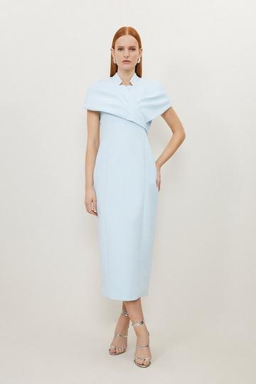 Clean Tailored Wrap Cape Sleeve Midi Pencil Dress pale blue