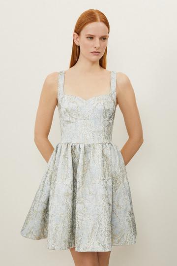 Blue Tailored Jacquard Strappy Mini Prom Dress