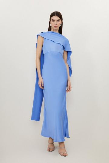 Blue Tall Viscose Satin Draped Midi Dress