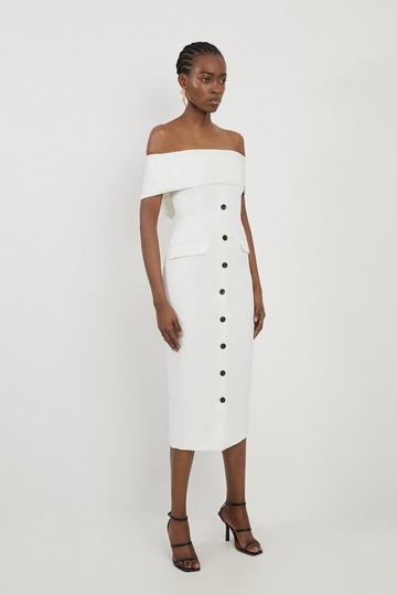 Ivory White Clean Tailored Bardot Button Through Midi Dress