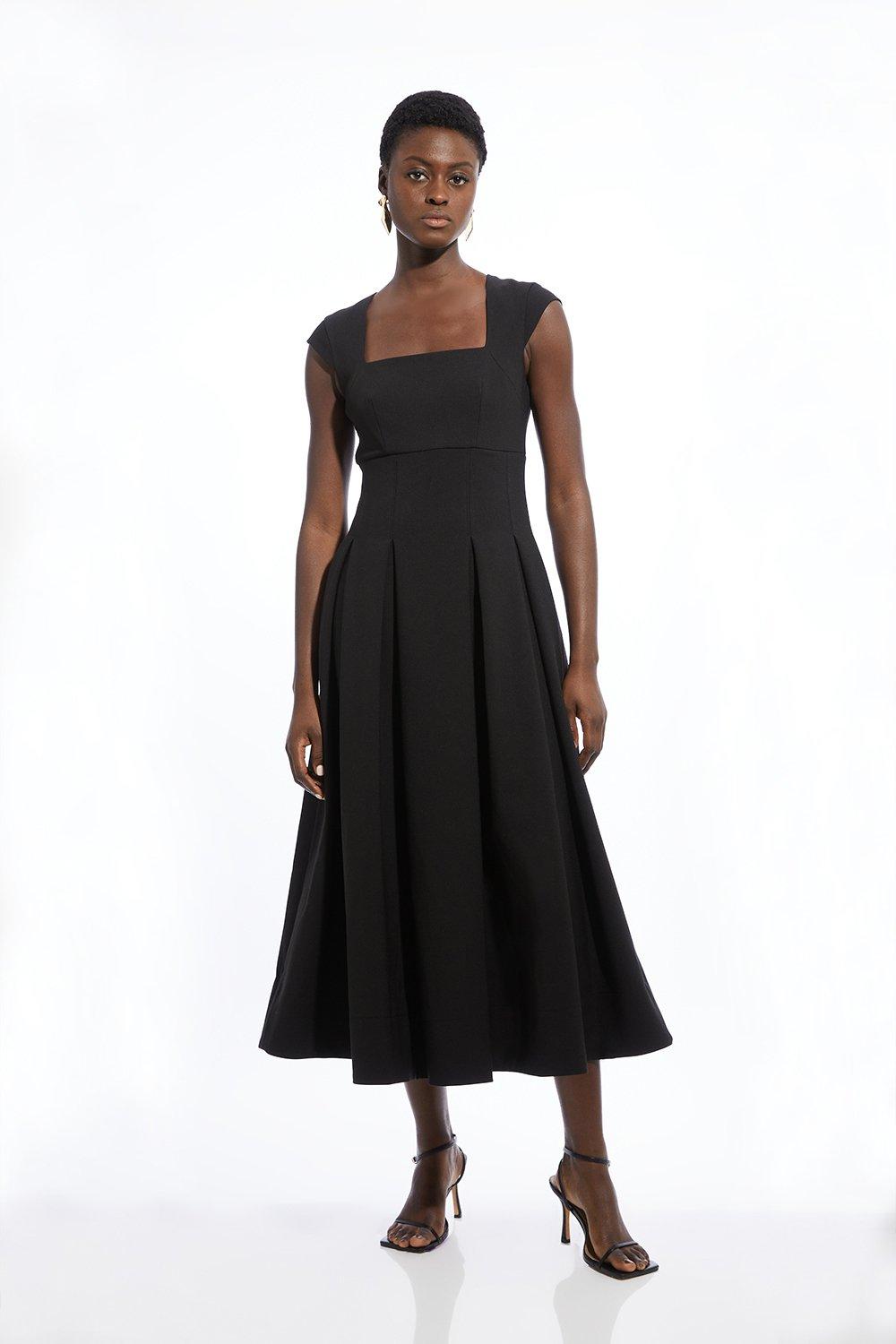 Clean Tailored Square Neck Full Skirted Midi Dress - Black