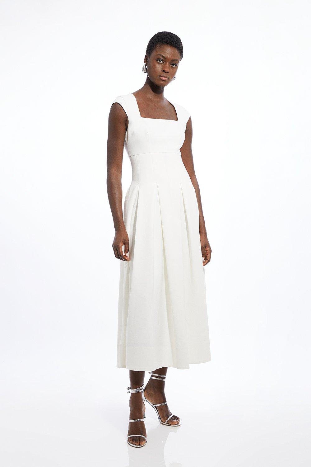 Clean Tailored Square Neck Full Skirted Midi Dress - Ivory