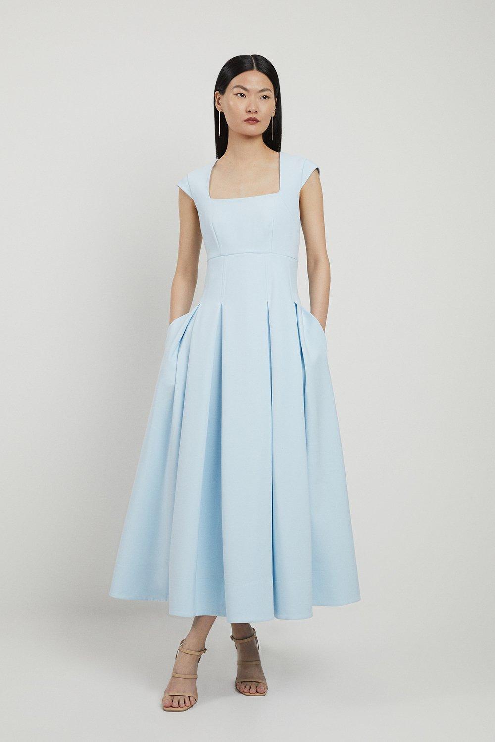 Clean Tailored Square Neck Full Skirted Midi Dress - Pale Blue