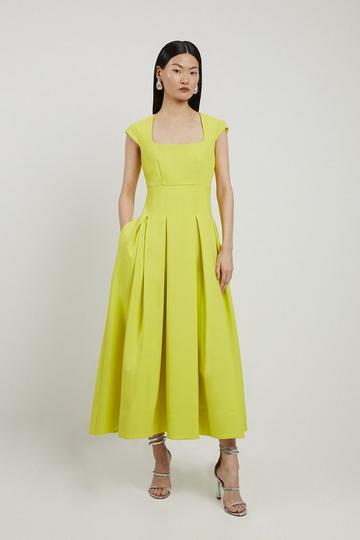 Yellow Clean Tailored Square Neck Full Skirted Midi Dress