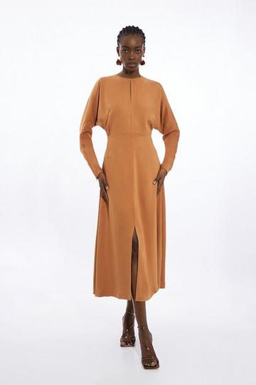 Petite Viscose Crepe Long Sleeve Midi Dress neutral