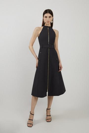 Black Tailored Cotton Belted Halter Neck Full Skirted Midaxi Dress