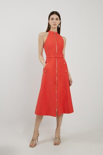 Red Tailored Cotton Belted Halter Neck Full Skirted Midaxi Dress