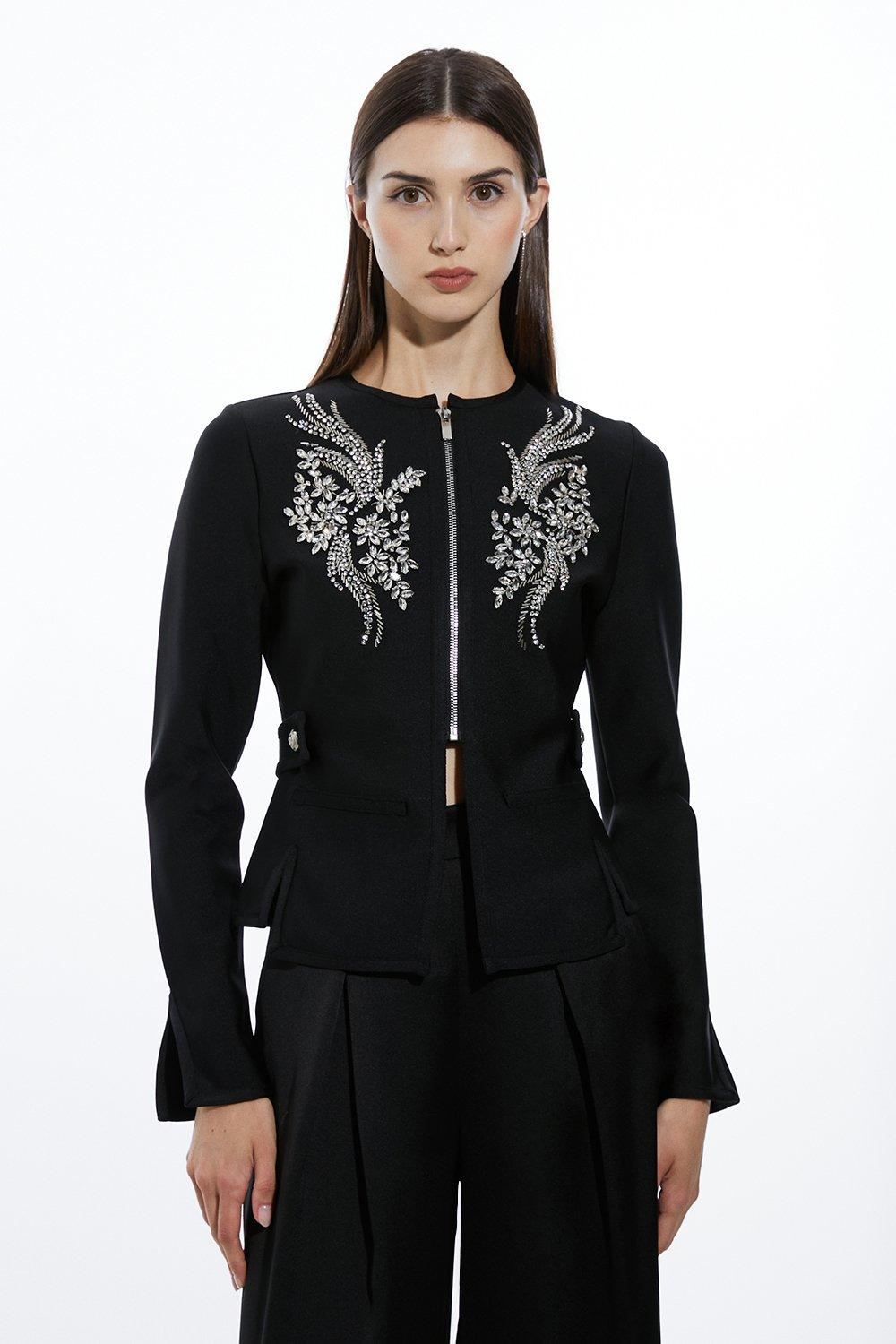 Figure Form Bandage Embellished Piping Knit Jacket - Black