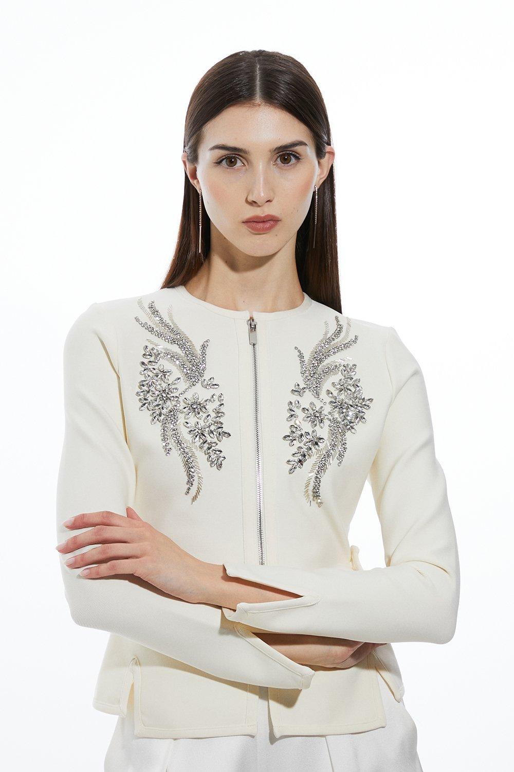 Figure Form Bandage Embellished Piping Knit Jacket - Cream