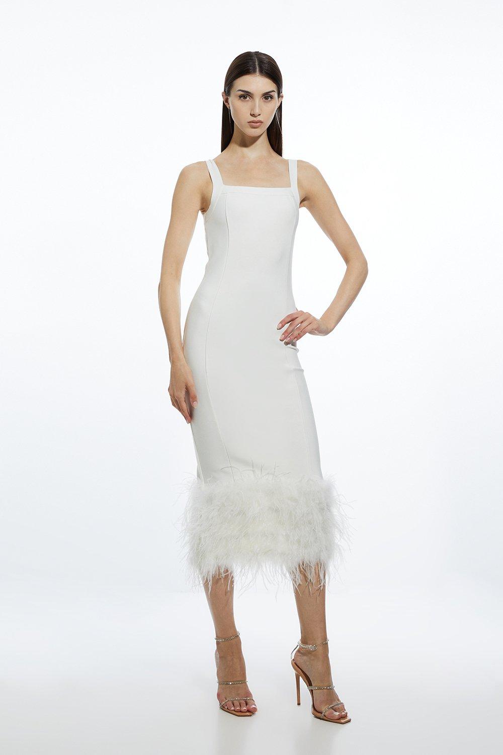 Figure Form Bandage Feather Hem Knit Midi Dress - Ivory