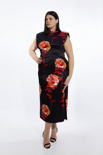 Multi Plus Size Rose Floral Satin Back Crepe Woven Maxi Dress