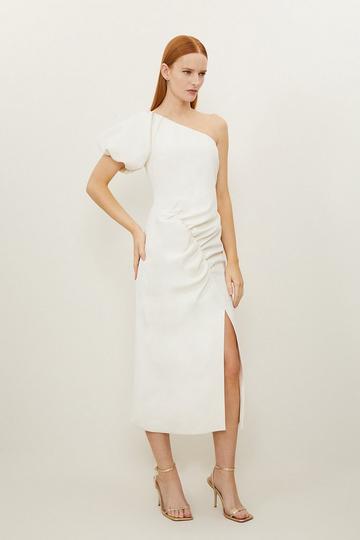 Soft Tailored One Shoulder Ruched Midaxi Dress ivory