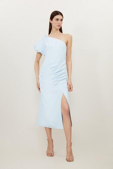 Blue Soft Tailored One Shoulder Ruched Midaxi Dress