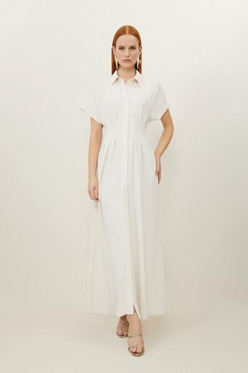 Ivory White Soft Tailored Belted Darted Midi Shirt Dress