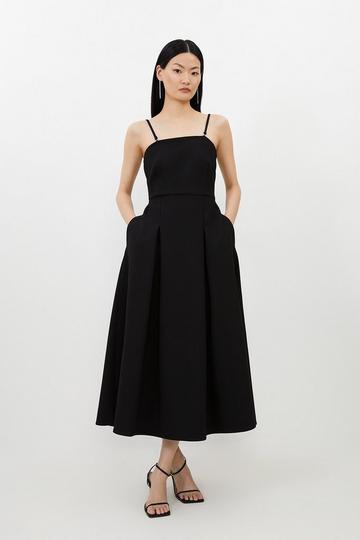 Black Compact Stretch Tailored Bandeau Full Skirted Midi Dress
