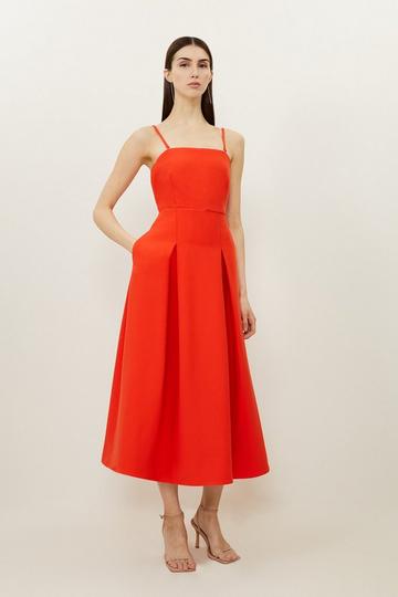 Red Compact Stretch Tailored Bandeau Full Skirted Midi Dress
