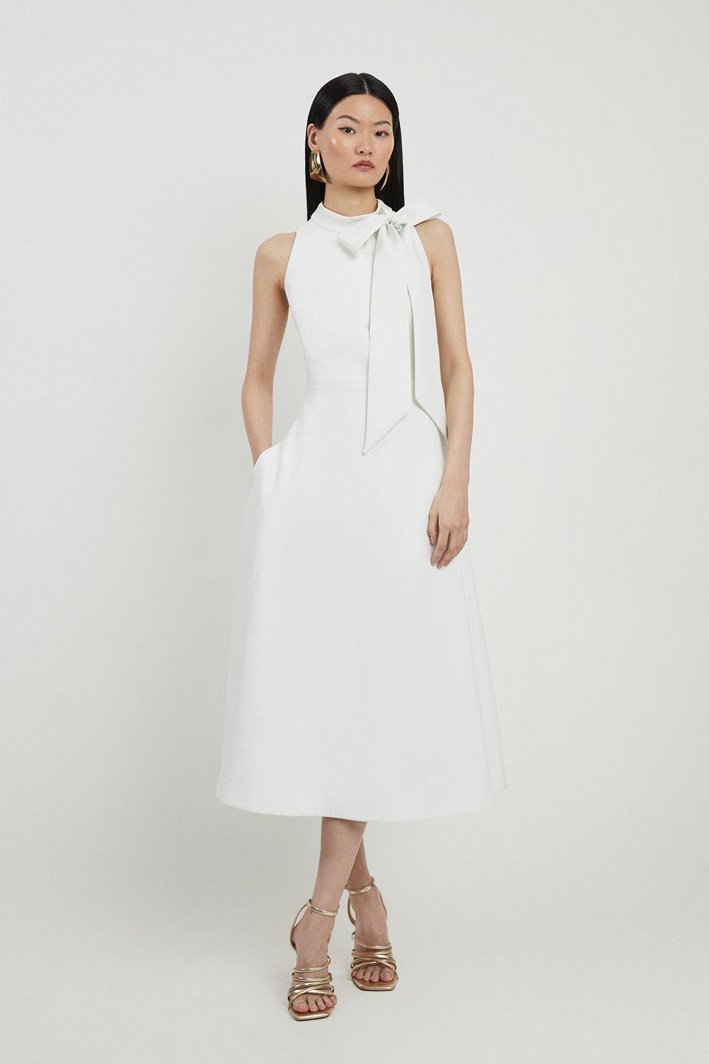 Compact Stretch Bow Tie Neck Full Skirted Midi Dress - Ivory