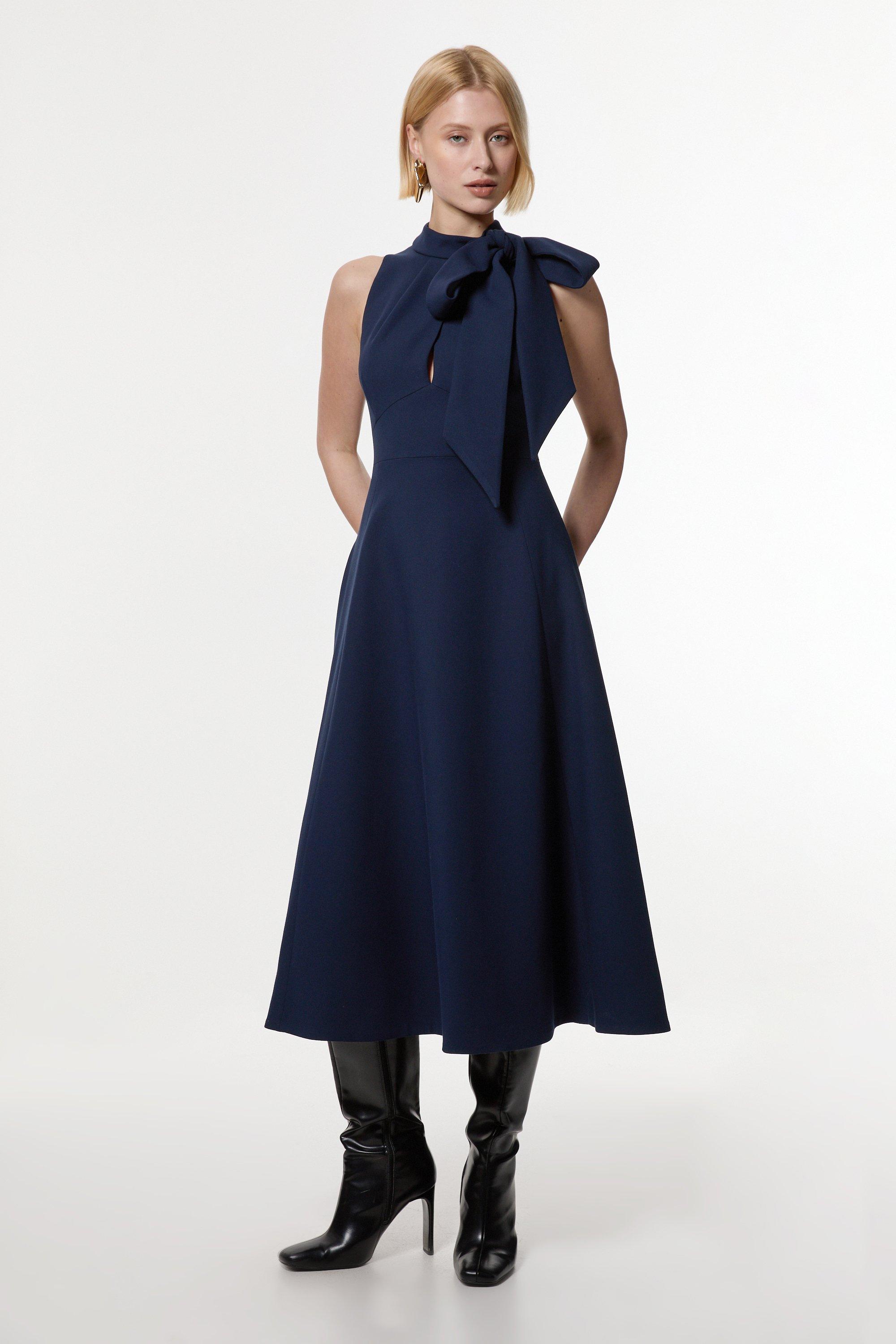 Compact Stretch Bow Tie Neck Full Skirted Midi Dress - Navy