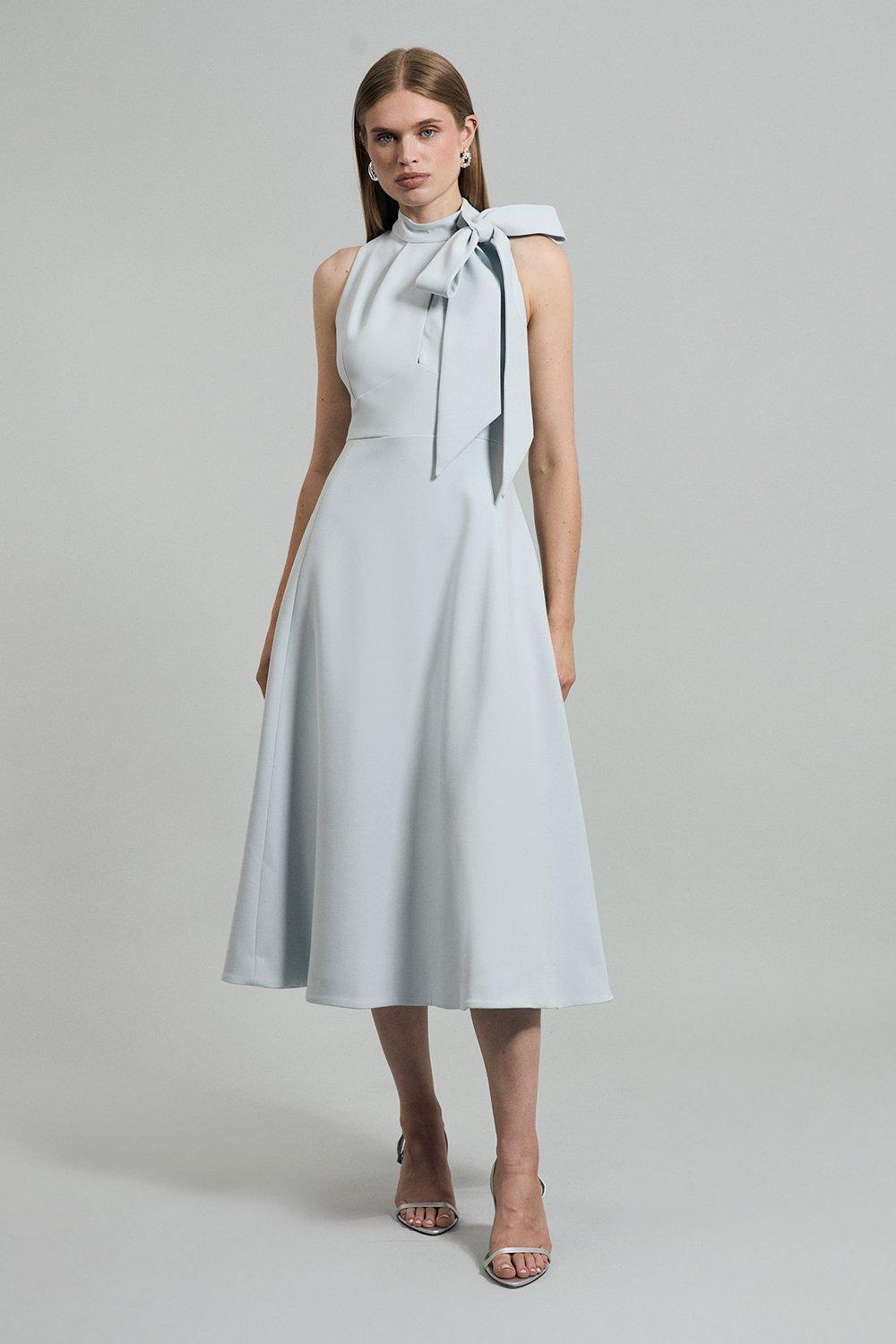 Compact Stretch Bow Tie Neck Full Skirted Midi Dress - Pale Blue