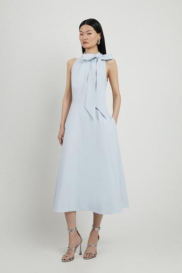 Blue Compact Stretch Tie Neck Full Skirted Midi Dress