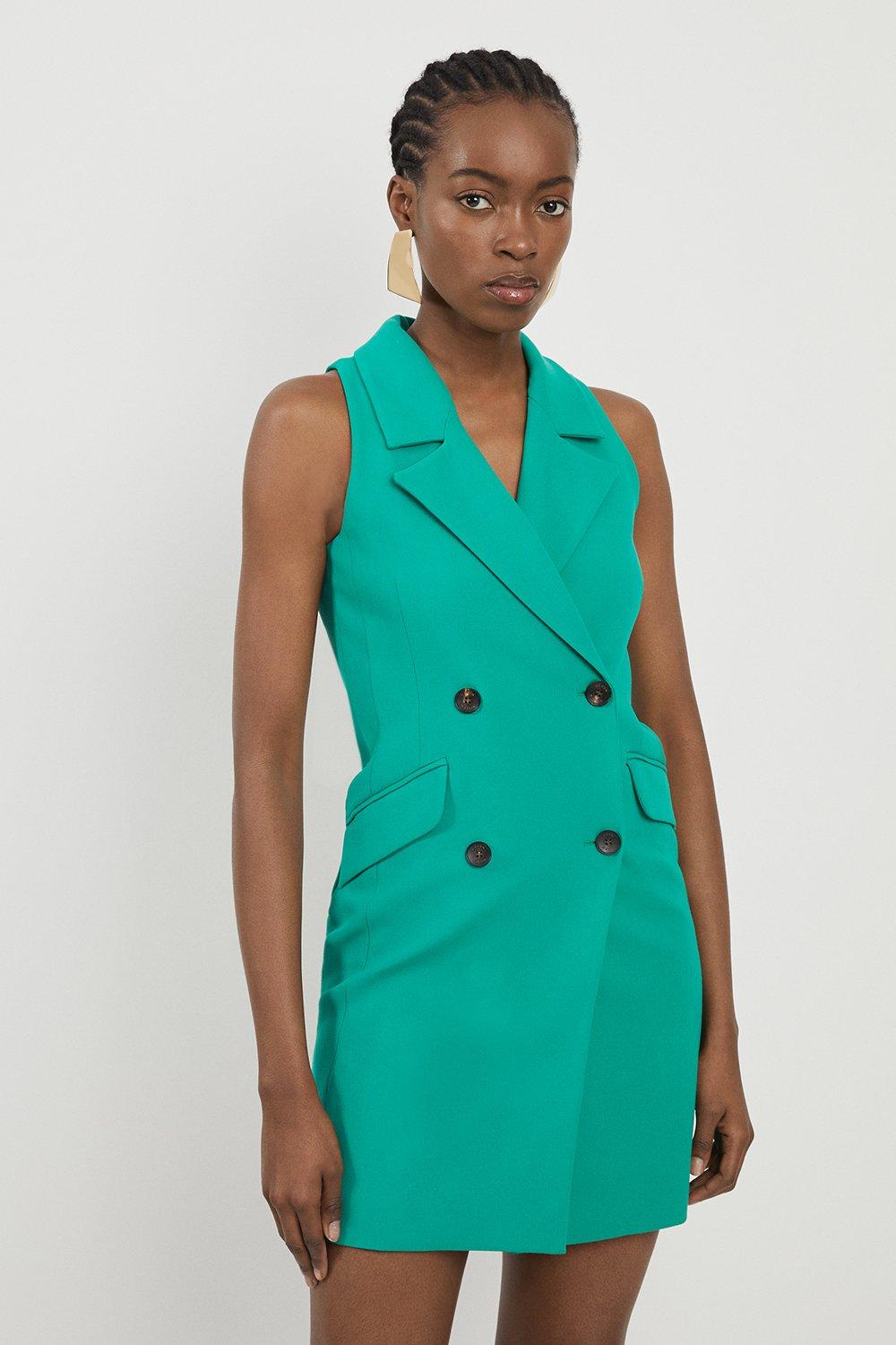 Compact Stretch Halter Neck Mini Blazer Dress - Green