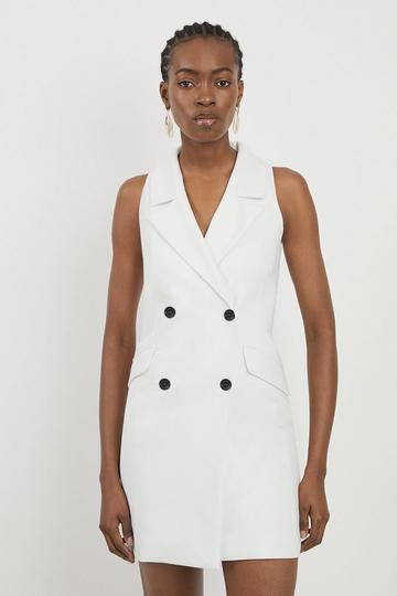 Ivory White Compact Stretch Halter Neck Mini Blazer Dress