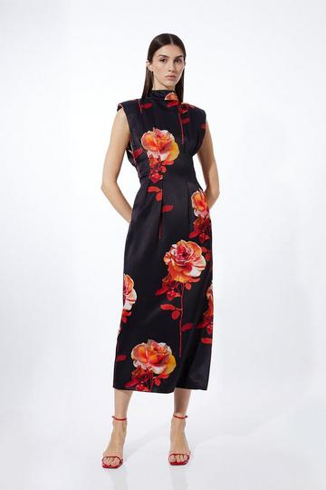 Multi Rose Floral Satin Back Crepe Woven Maxi Dress