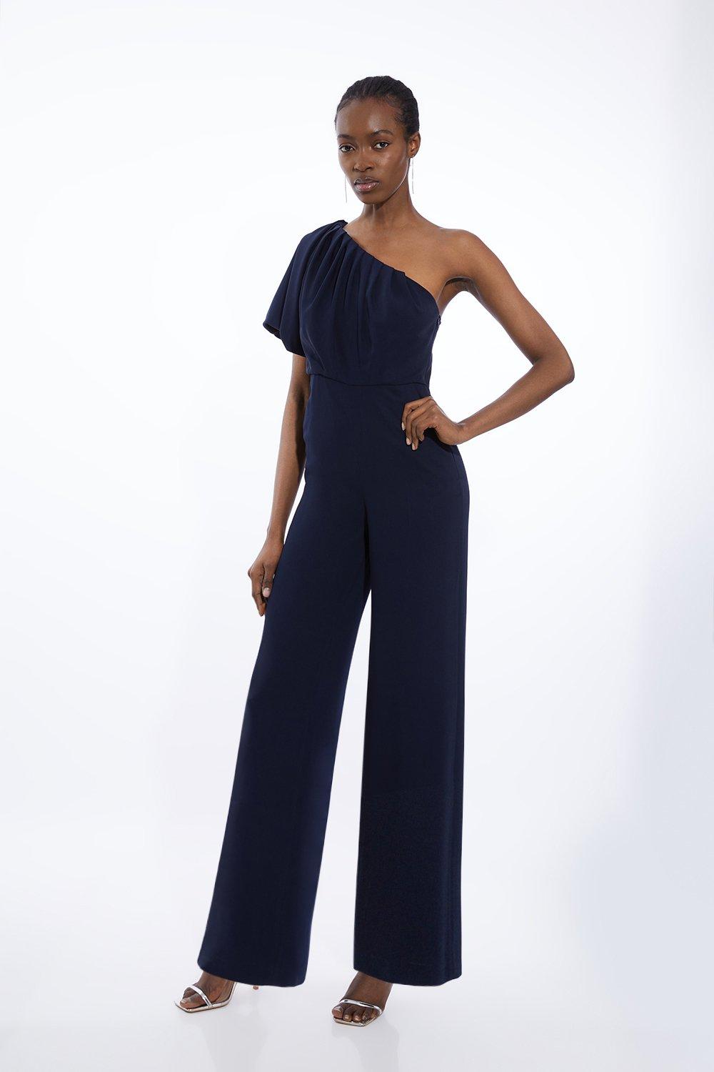 Soft Tailored One Shoulder Wide Leg Jumpsuit - Navy