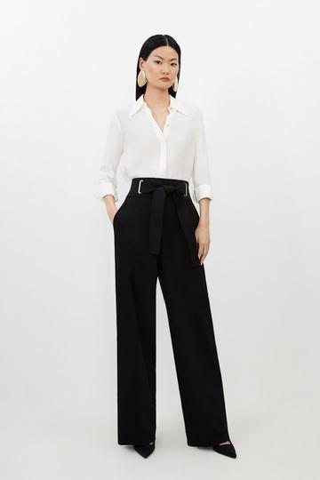 Black Tailored Eyelet Detail Belted Straight Leg Trousers