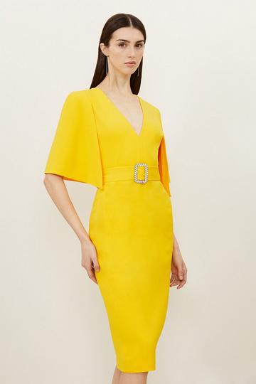 Yellow Compact Stretch Viscose Cape Pencil Midi Dress