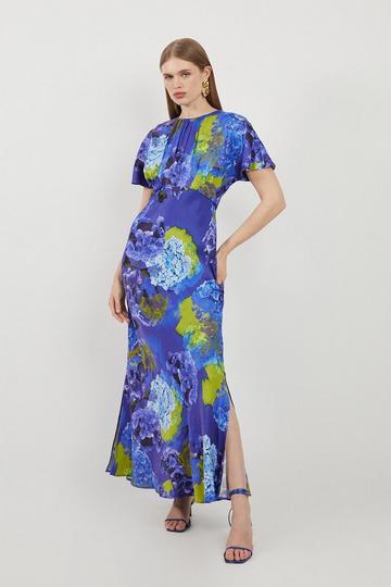 Bright Floral Printed Satin Back Crepe Woven Maxi Dress purple