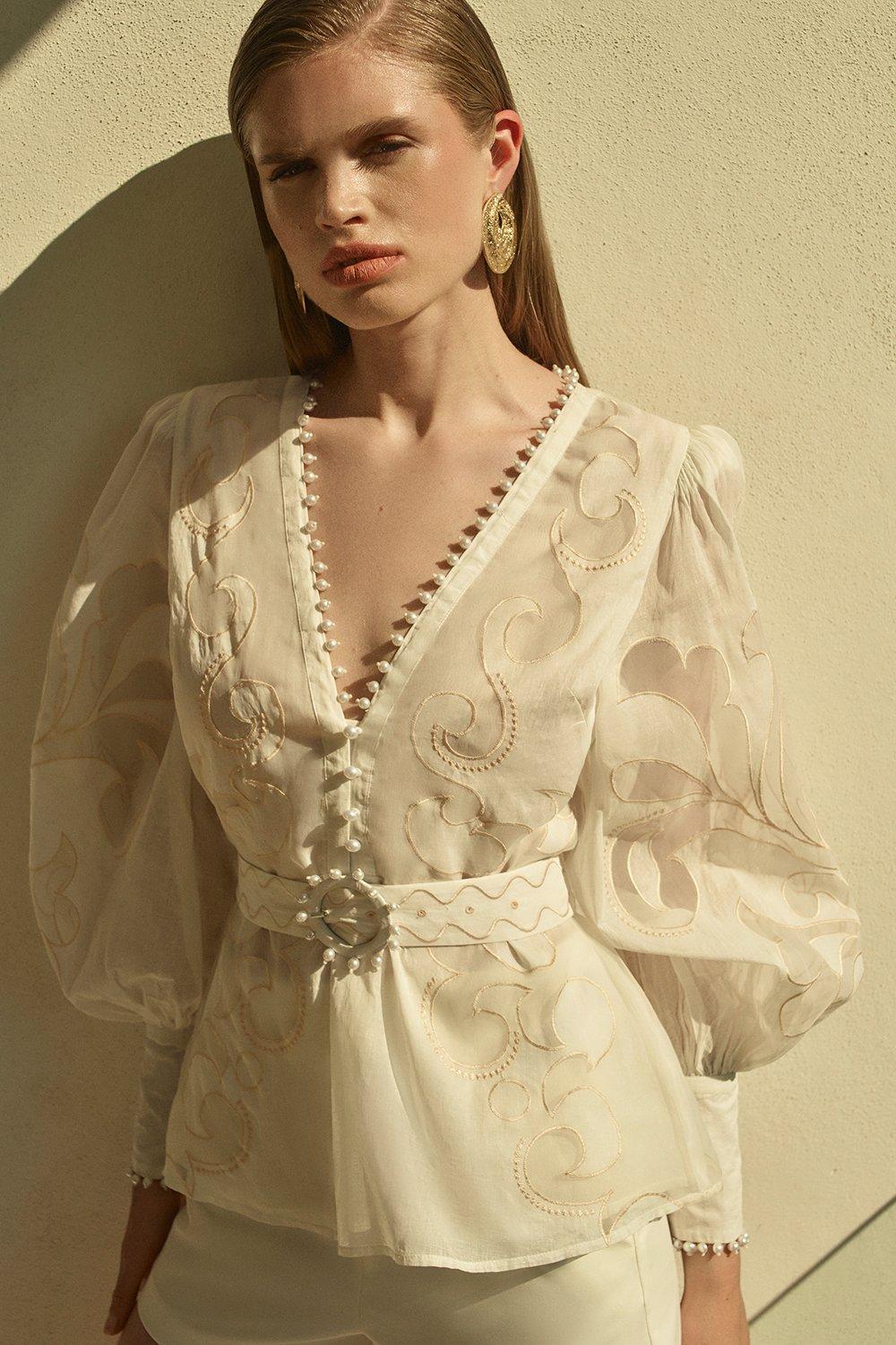 Cutwork Organdie Woven Balloon Sleeve Blouse - Ivory