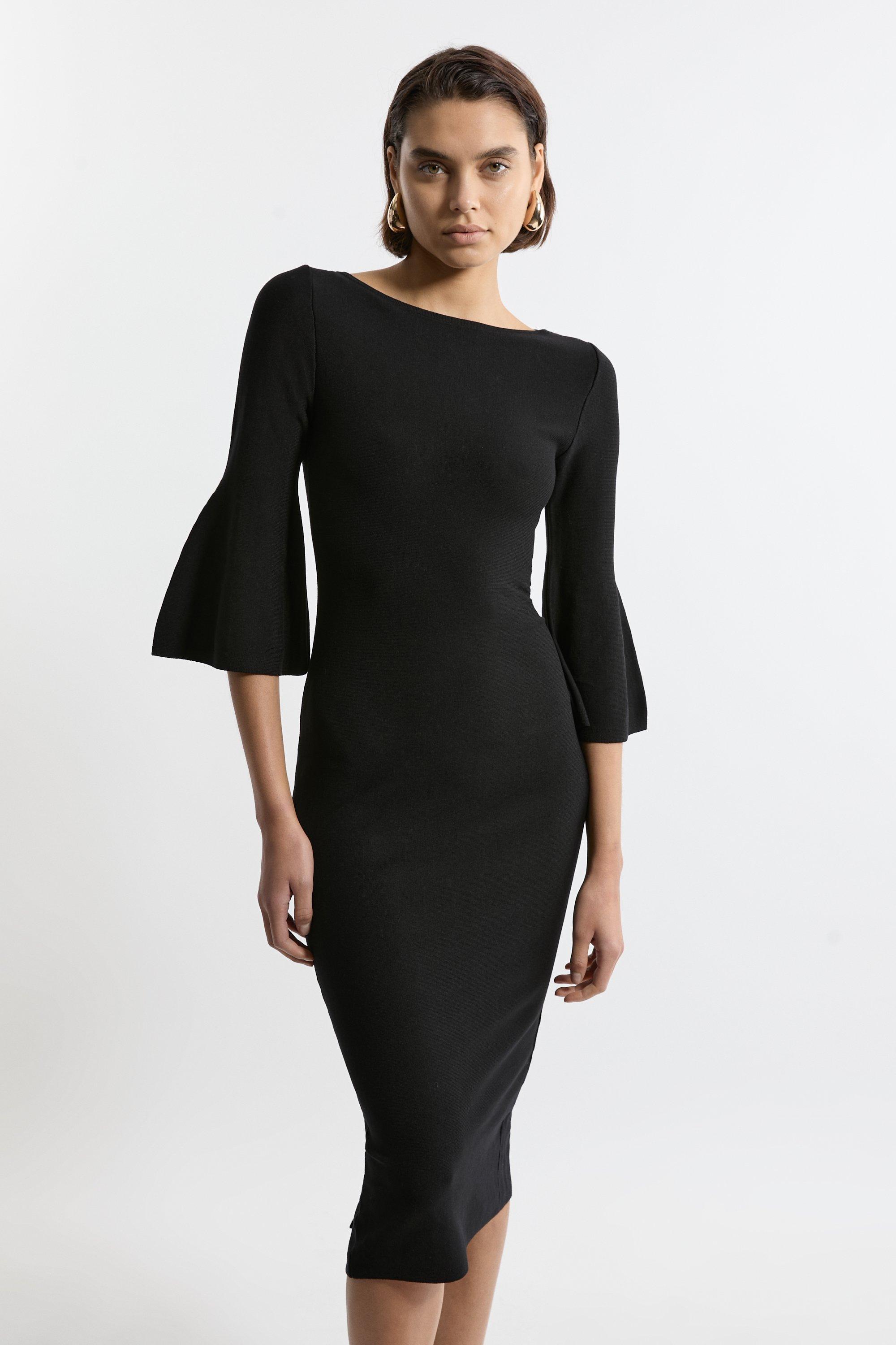 Viscose Blend Look Knit Midi Dress With Fluted Sleeve - Black